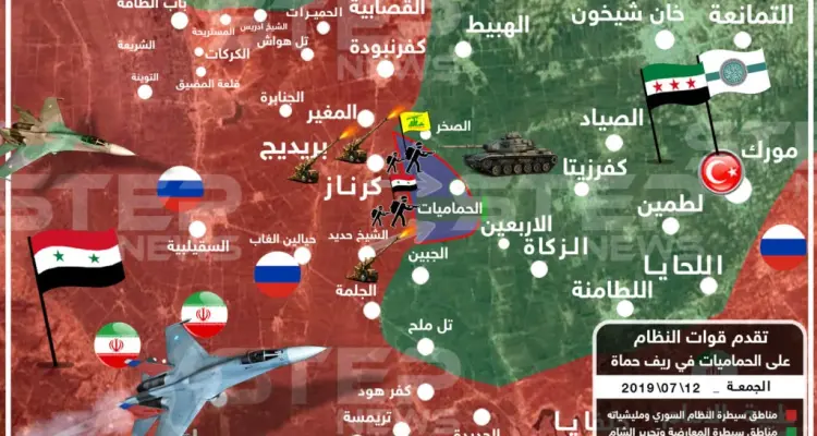 خريطة تظهر محاور تقدم قوات النظام على الحماميات بريف حماة 12-07-2019: أخبار