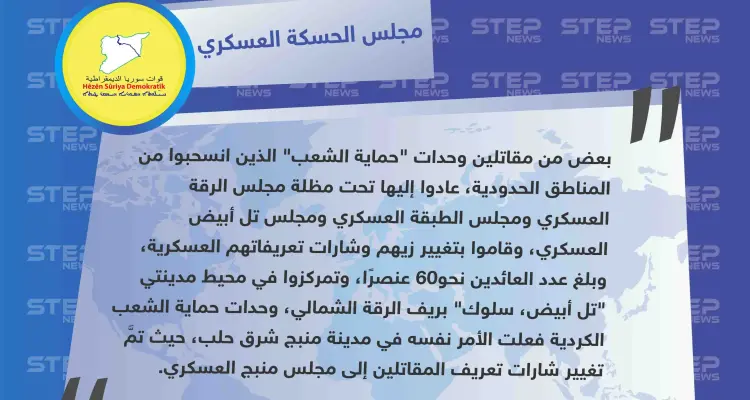 مجلس الحسكة العسكري يكشف لستيب عودة عناصر ypg المنسحبين من المناطق الحدودية، بعد تغيير زيّهم وشارات التعريفات العسكرية: أخبار