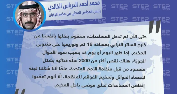 تصريح "محمد أحمد الدرباس الخالدي" رئيس المجلس المحلي في مخيم الركبان عن معوّقات دخول قافلة المساعدات المقدّمة للمخيم: أخبار