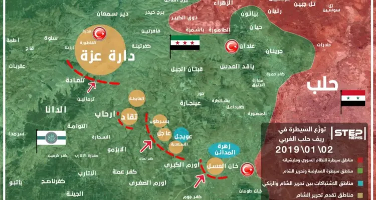خريطة تُظهر جبهات تقدم هيئة تحرير الشام على حركة نور الدين الزنكي ضمن الاقتتال الدائر غربي حلب: أخبار