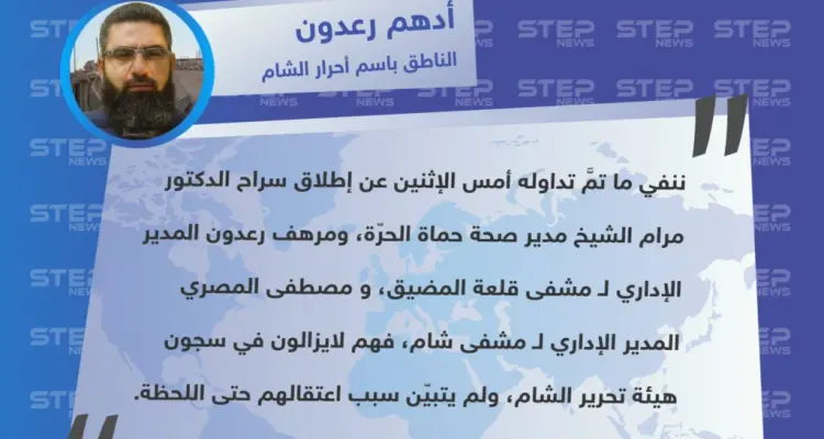 تصريح خاص من "أدهم رعدون" الناطق باسم فصيل أحرار الشام في منطقة المضيق لـ وكالة ستيب الإخبارية، حول حقيقة إطلاق سراح الطبيب "مرام الشيخ".: أخبار