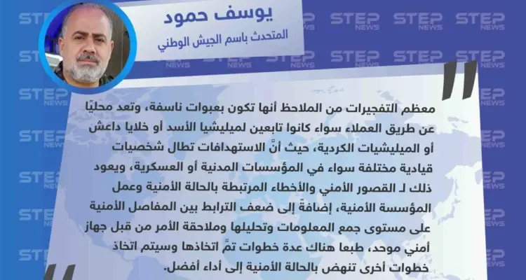 الناطق باسم الجيش الوطني: "التفجيرات الأخيرة في ريف حلب بسبب القصور الأمني والأخطاء المرتبطة بعمل المؤسسة الأمنية، وضعف الترابط بين المفاصل الأمنية على مستوى جمع المعلومات وملاحقتها من قبل جهاز أمني موحّد".: أخبار