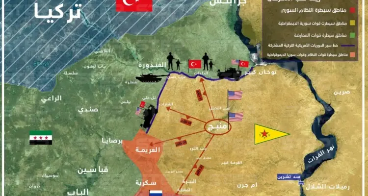 خريطة تظهر مناطق التوزّع والنفوذ لمختلف القوى المحلية والدولية في ريف حلب الشرقي: أخبار