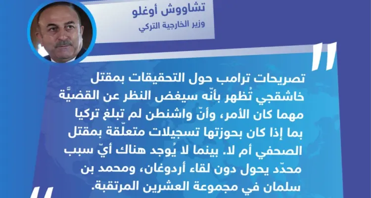وزير الخارجية التركي "تشاووش أوغلو" يردّ على تصريحات الرئيس الأمريكي "دونالد ترامب" الأخيرة بشأن قضيّة خاشقجي، ويؤكد لقاء أردوغان ومحمد بن سلمان: أخبار