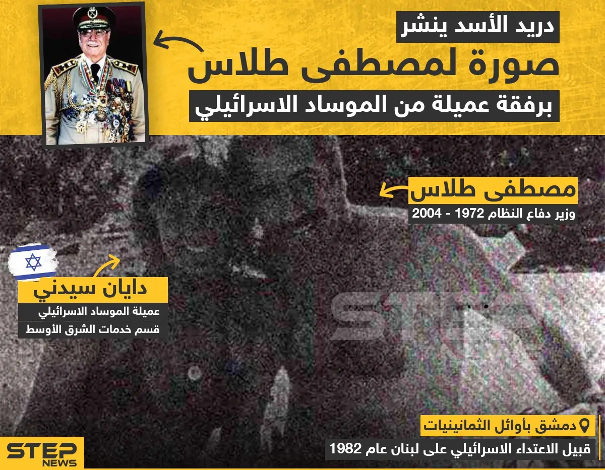 دريد الأسد ينشر صورة لمصطفى طلاس برفقة عميلة من الموساد الإسرئيلي: خبر وصورة