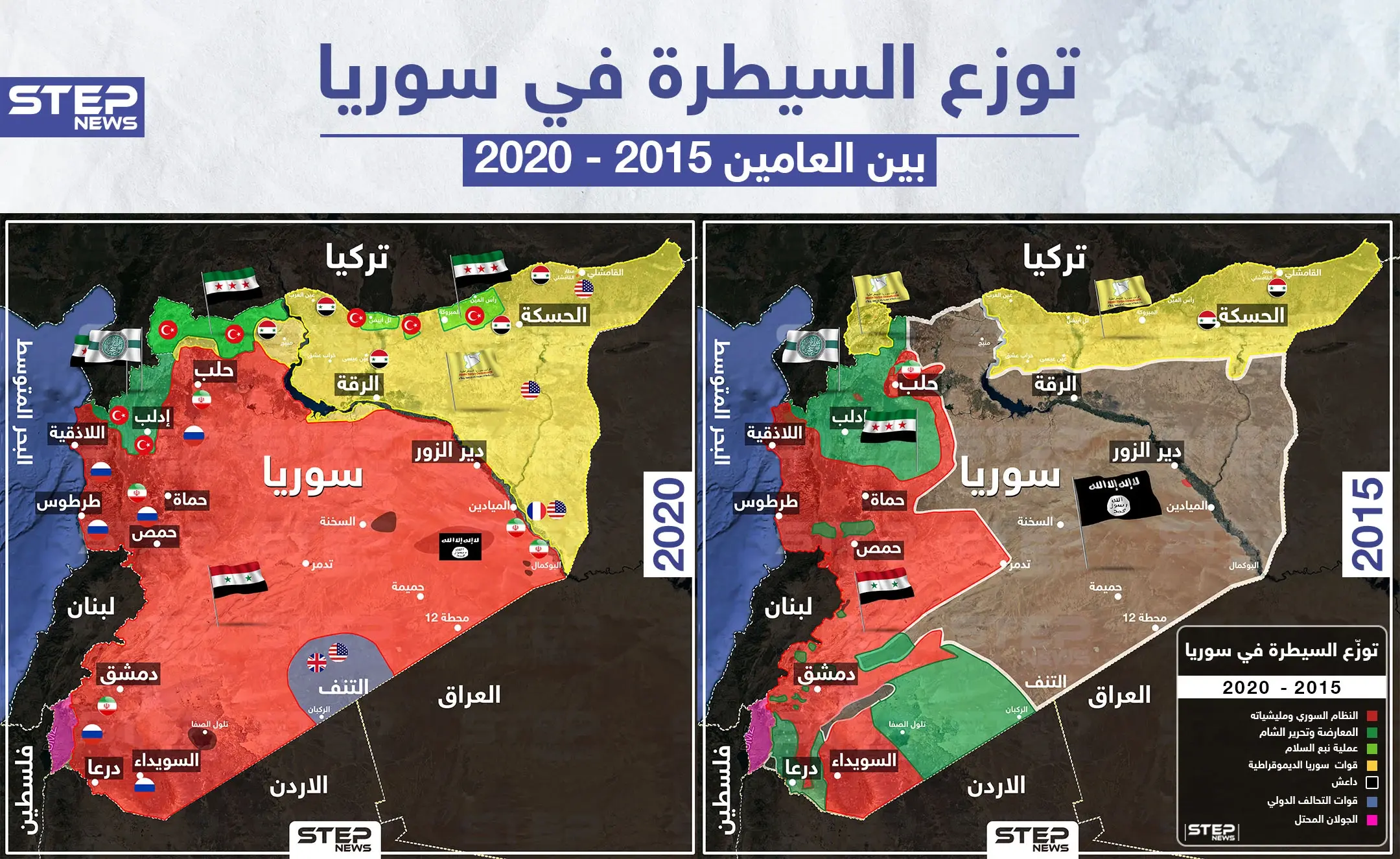 توزع السيطرة على الأراضي السورية خلال الخمسة أعوام الأخيرة: خريطة