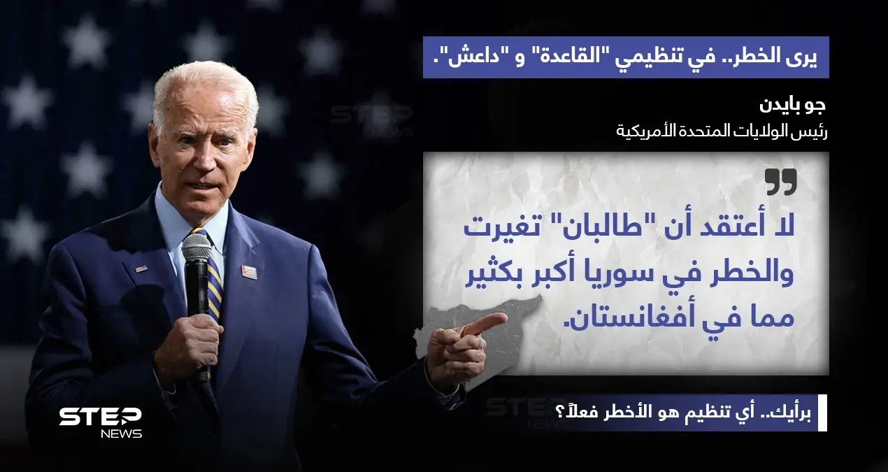 الرئيس الأمريكي (جو بايدن)، مدافعاً عن قراره بسحب قواته من أفغانستان، يشدد على أن الأخطار التي تواجهها الولايات المتحدة من مناطق أخرى في العالم، منها سوريا، أكبر بكثير.: خطر
