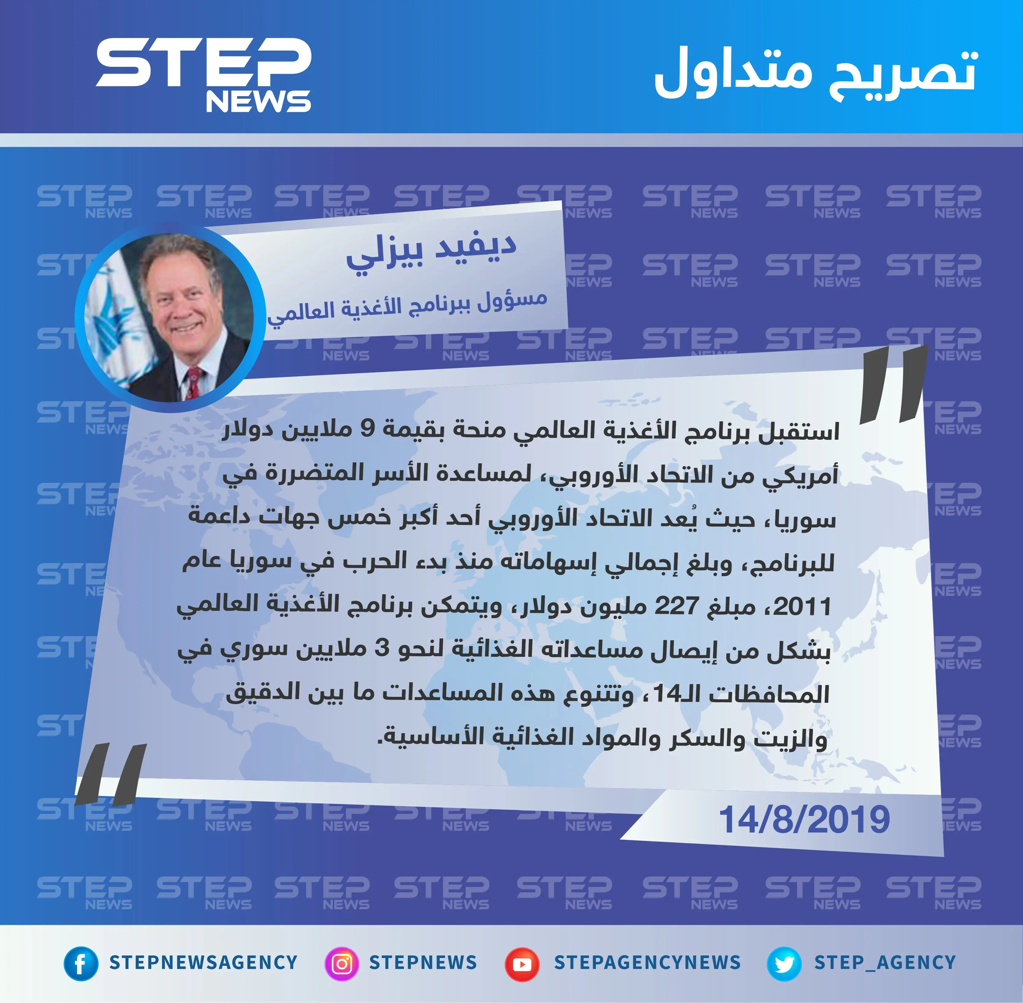 مسؤول ببرنامج الأغذية العالمي يعلن استلام البرنامج لمنحة دعم خاصة بسوريا من الاتحاد الأوروبي: مساعدات غذائية