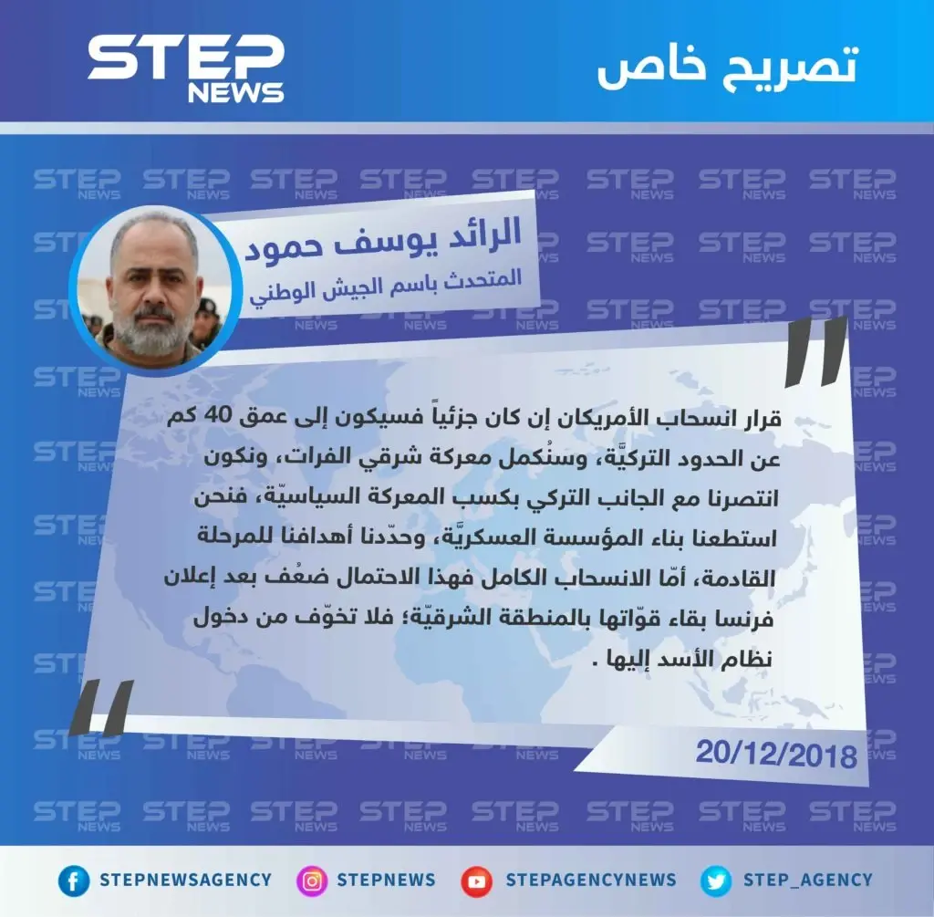 خاص || رؤية الجيش الوطني بريف حلب للقرار الأمريكي بالانسحاب من سوريا، وتأثيره على معركة شرقي الفرات.: تصاريح