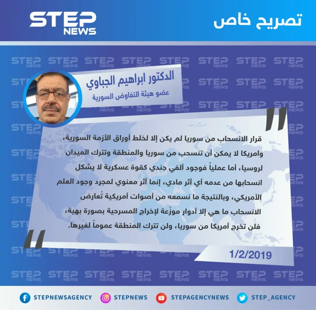 خاص|| عضو هيئة التفاوض السورية: أمريكا لن تنسحب من سوريا والمنطقة وتترك الميدان لروسيا: تصاريح