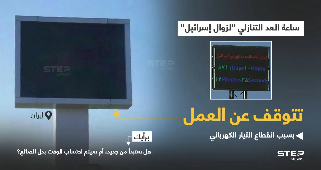 الساعة الإيرانية التي تم برمجتها على تاريخ تقديري لزوال إسرائيل، توقفت عن العمل بسبب إنقطاع في التيار الكهربائي.: خبر وصورة