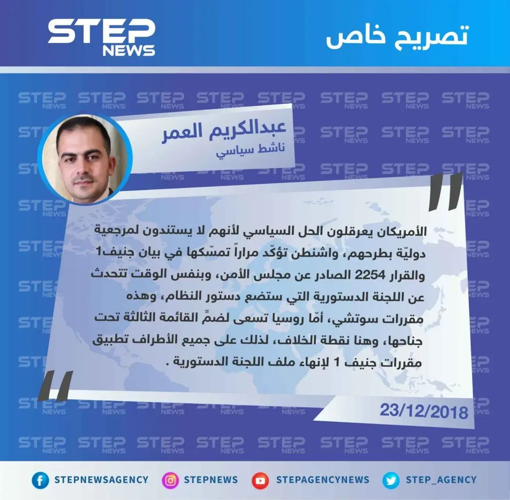 خاص || تصريح لـ الناشط السياسي "عبدالكريم العمر" حول الدور الأمريكي والروسي بعرقلة ملف اللجنة الدستورية .: تصاريح