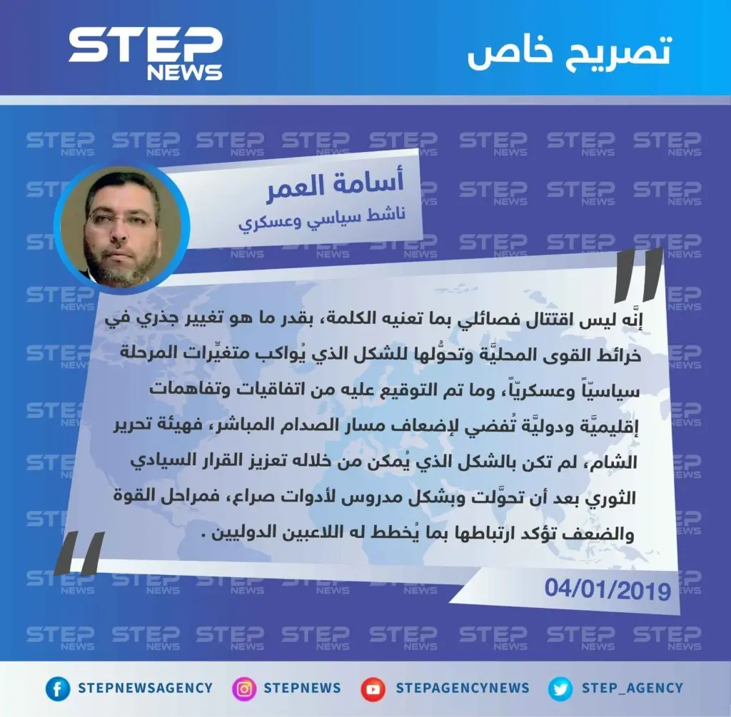 "أسامة العمر" لـ "ستيب": الاقتتال الفصائلي الحاصل بالشمال السوري هو تغيير جذري في خرائط القوى المحليَّة وتحوُّلها للشكل الذي يُواكب متغيِّرات المرحلة سياسيّاً وعسكريّاً.: تصاريح
