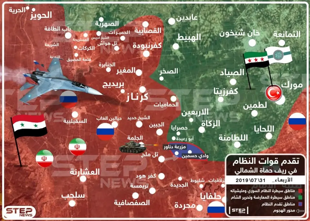 خريطة تُظهر تقدم قوات النظام في ريف حماة الشمالي 31/7/2019: حماة