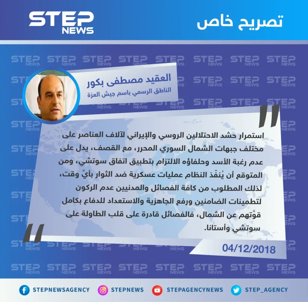 جيش العزة يُطالب الفصائل والمدنيين برفع الجاهزية والاستعداد للدفاع بكامل قوَّتهم عن الشمال السوري.: تصاريح