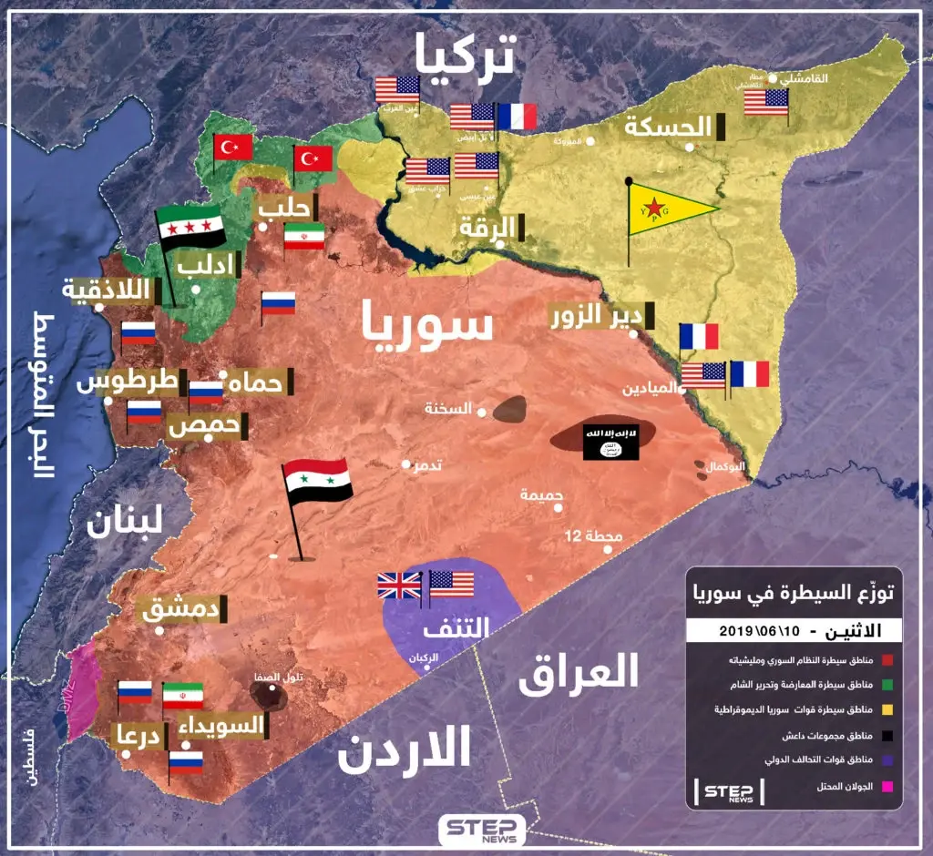 خريطة لتوزّع السيطرة والنفوذ للقوى المحليّة والأجنبيّة في سوريا حتى 10-06-2019: سلايد رئيسي