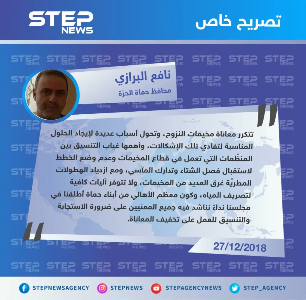 تصريح محافظ حماة الحرّة لستيب حول إطلاقهم نداء مناشدة لإنقاذ سكان المخيمات الغارقة بمياه الأمطار بريفي إدلب وحلب.: تصاريح