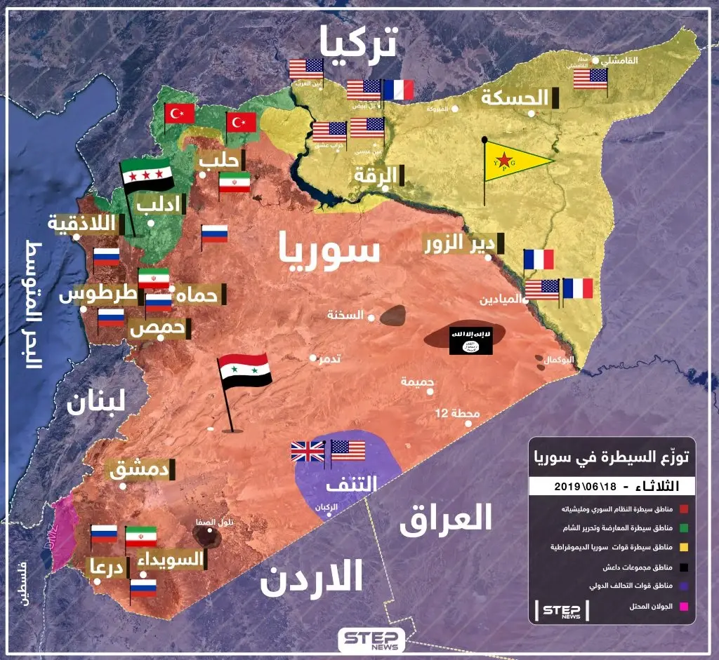 خريطة لتوزّع السيطرة والنفوذ للقوى المحليّة والأجنبيّة في سوريا حتى 18-06-2019: خرائط