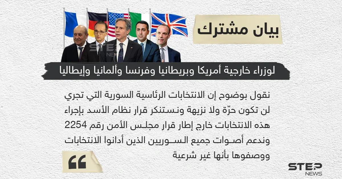 وزراء خارجية فرنسا وألمانيا وإيطاليا والمملكة المتحدة والولايات المتحدة الأميركية يؤكدون في بيان مشترك أن الانتخابات الرئاسية السورية لن تكون حرة ولا نزيهة ⁧: رفض دولي