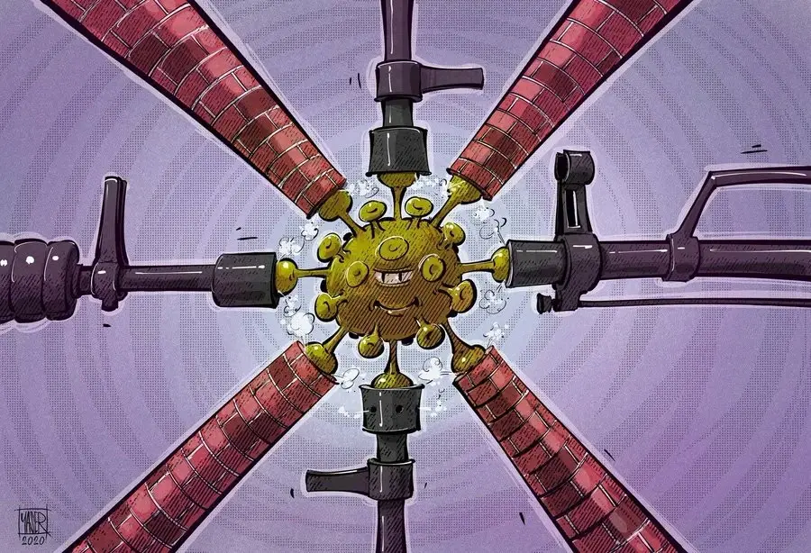 كاريكاتير|| فايروس كورونا يسكت البنادق في مختلف أنحاء العالم: كورونا في العالم