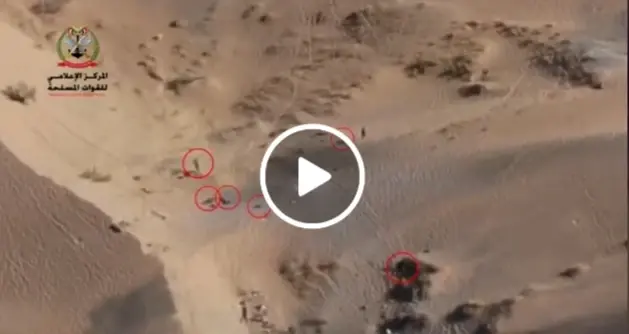 بالفيديو|| لحظة تطاير ٲشـلاء عناصر من ميليشيا الحوثي خلال استهدافٍ مدفعي للجيش اليمني جنوب مأرب: التحالف العربي