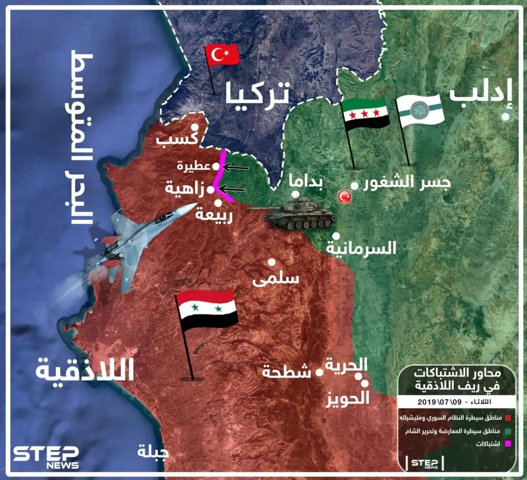 خريطة تُظهر محاور الاشتباكات بريف اللاذقية الشمالي بين قوات المعارضة وقوات النظام: سلايد رئيسي