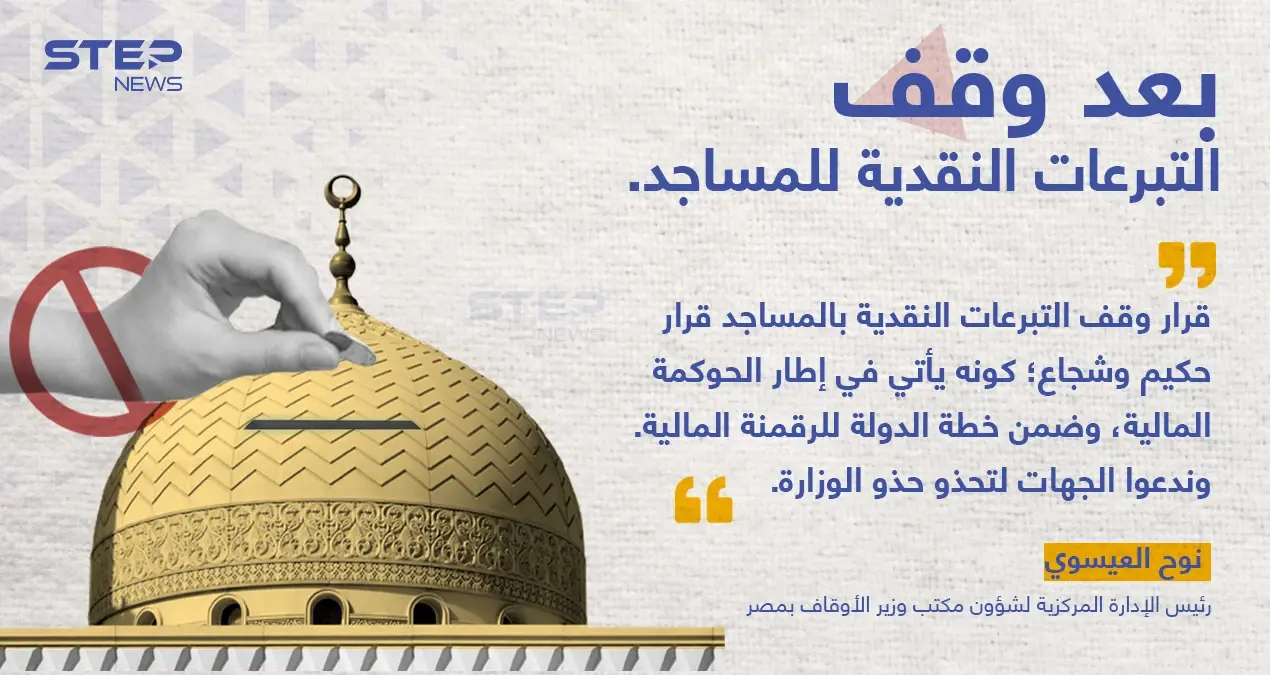 نوح العيسوي(رئيس الإدارة المركزية لشؤون مكتب وزير الأوقاف بمصر) يدافع عن قرار الوزارة بايقاف التبرعات النقدية للمساجد: وزير الأوقاف بمصر
