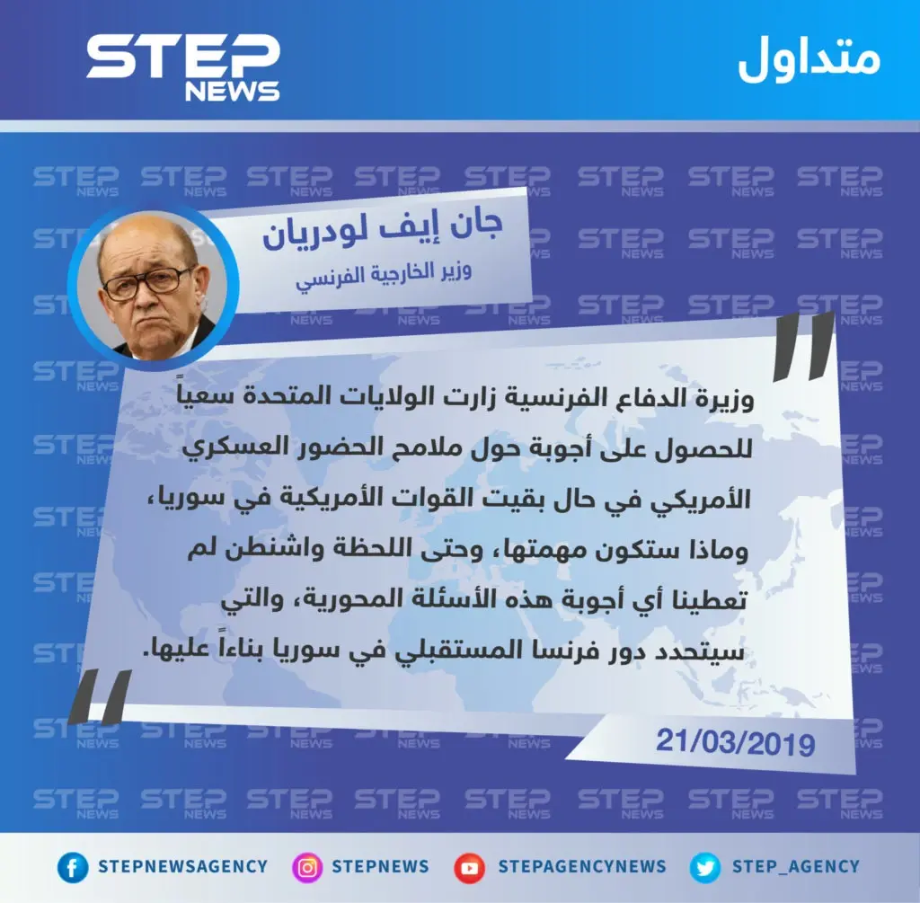 وزير الخارجية الفرنسي ينتقد التأخر الأمريكي في تقديم الاجابات للحلفاء حول مستقبل التواجد الأمريكي في سوريا: تصاريح متداولة