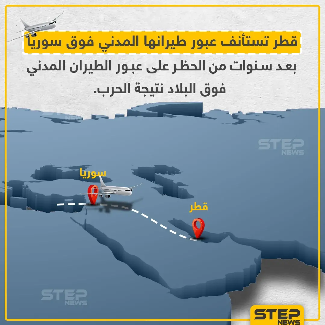 قطر تستأنف عبور طيرانها المدني فوق سوريا بعد سنوات من الحظر الجوي على عبور الطيران المدني فوق البلاد نتيجة الحرب: قطر