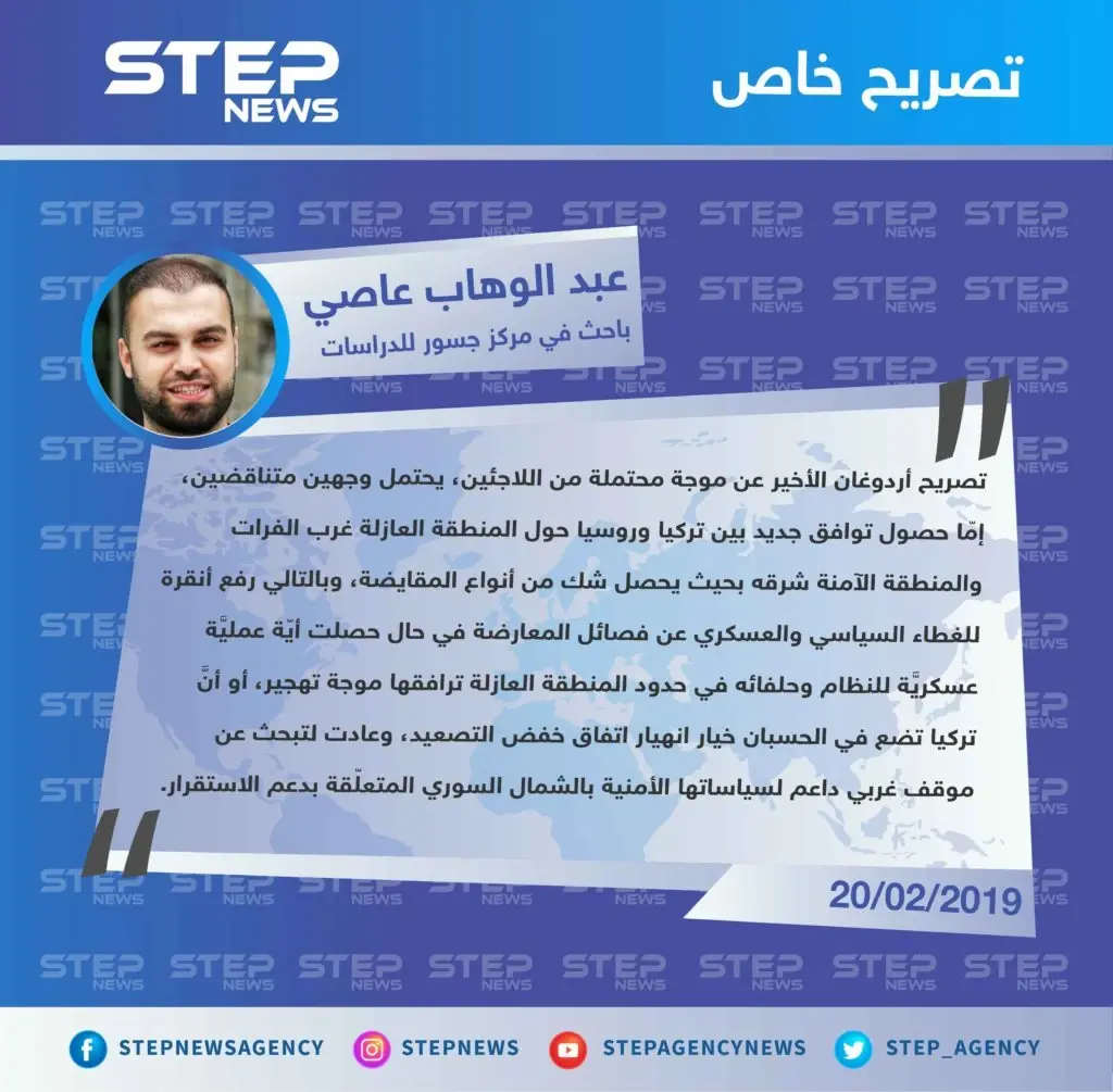 عبد الوهاب عاصي لوكالة "ستيب": تصريح أردوغان الأخير عن موجة محتملة من اللاجئين، يحتمل وجهين متناقضين.: أردوغان