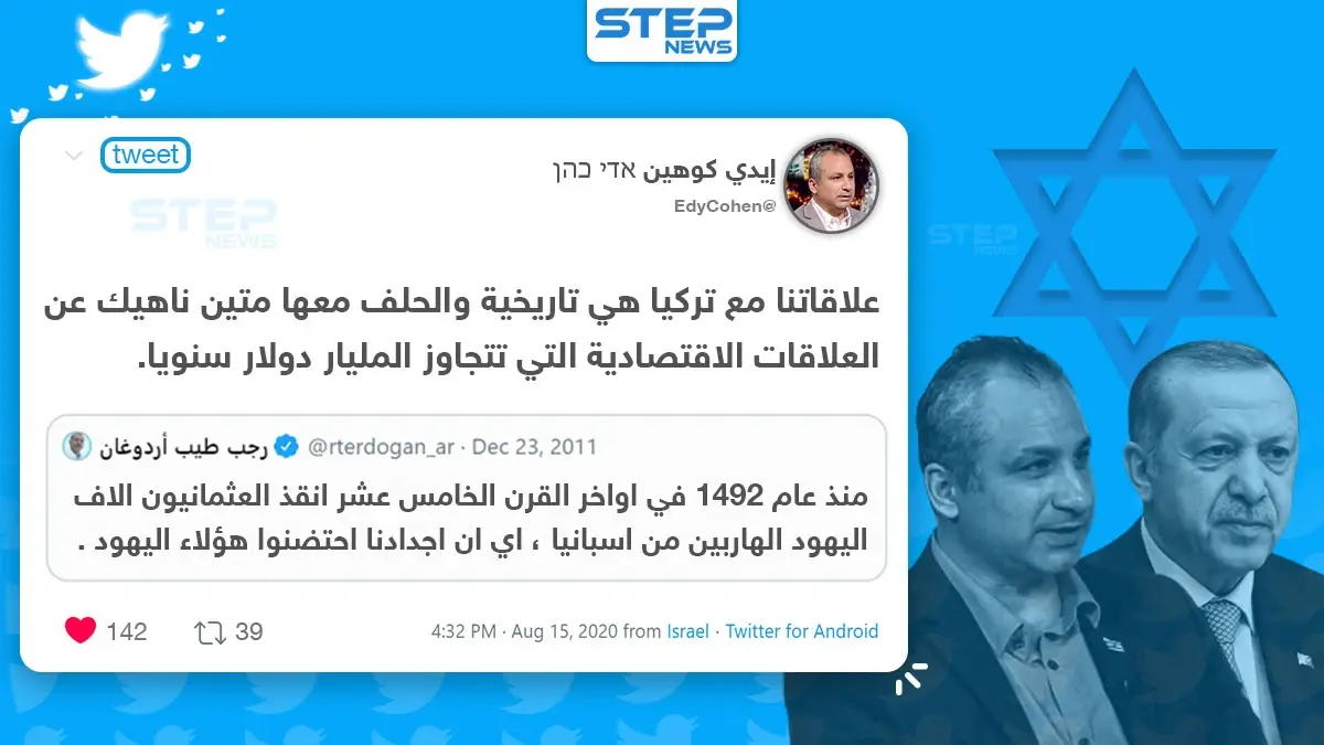 إيدي كوهين يُعيد نشر تغريدة قديمة للرئيس التركي أردوغان تؤكد على متانة العلاقة بين الأتراك واليهود: إيدي كوهين
