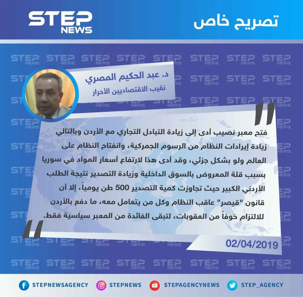 نقيب الإقتصاديين الأحرار يكشف عن علاقة العقوبات الأمريكية بعدم استفادة النظام اقتصادياً من معبر نصيب: تصاريح