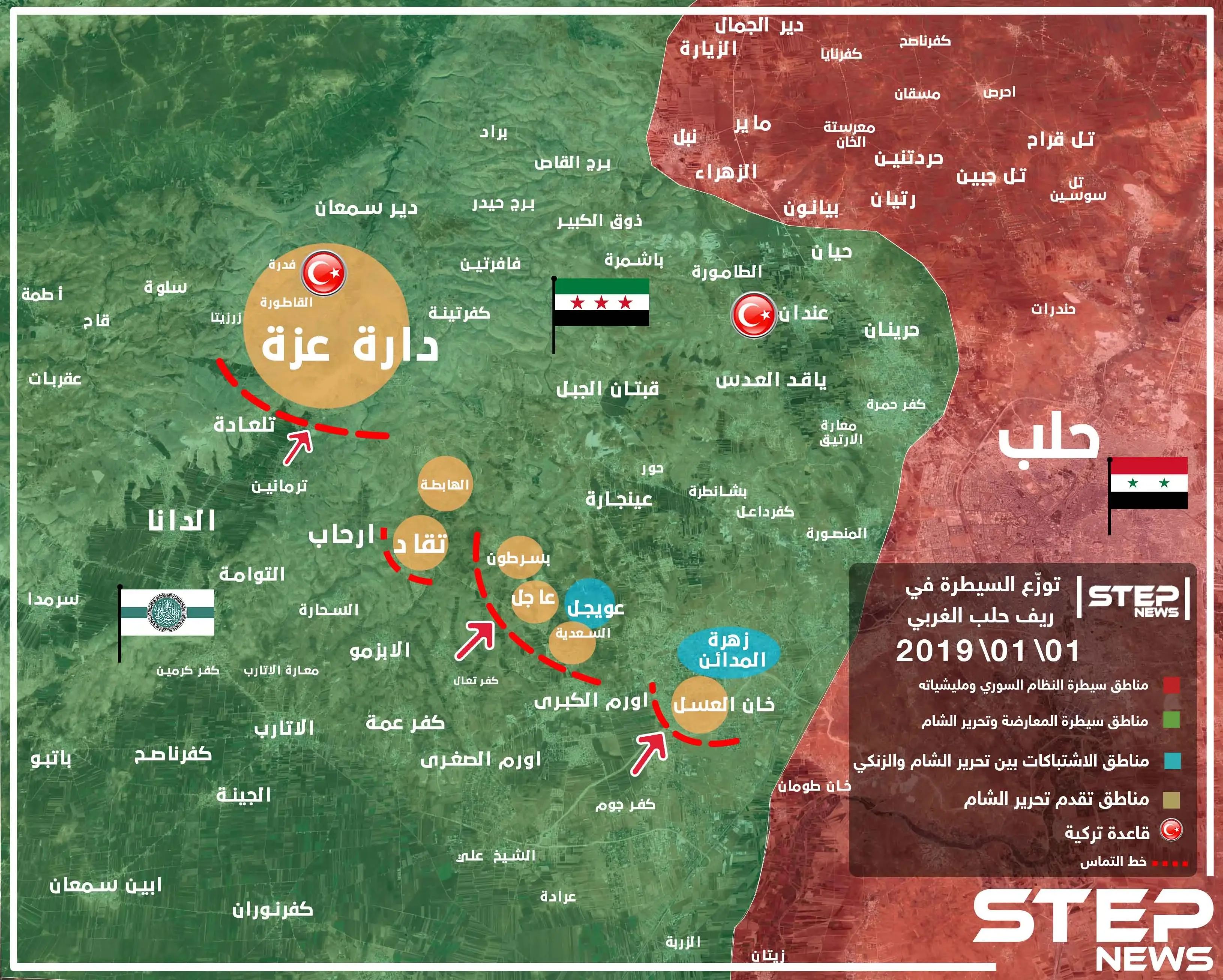 خريطة تُظهر جبهات تقدم هيئة تحرير الشام على حركة نور الدين الزنكي ضمن الاقتتال الدائر غربي حلب: سلايد رئيسي