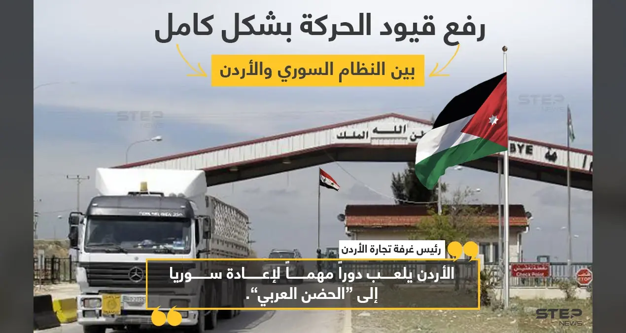 النظام السوري والأردن يرفعان بشكل كامل قيود الحركة بينهما، وتضمن القرار إلغاء نظام النقل التبادلي، والسماح للحافلات بالعبور إلى الجانب السوري والعودة منها، والسماح بمغادرة الأشخاص من مختلف الجنسيات إلى سوريا دون الحاجة إلى موافقة مسبقة من الجانب الأردني، بينما يحتاج السوريون القادمون لموافقة. وقال رئيس غرفة تجارة الأردن، نائل الكباريتي، أن:"رفع القيود عن الحركة بين البلدين سينعكس بشكل واضح على العلاقات الاقتصادية بينهما".: معبر نصيب