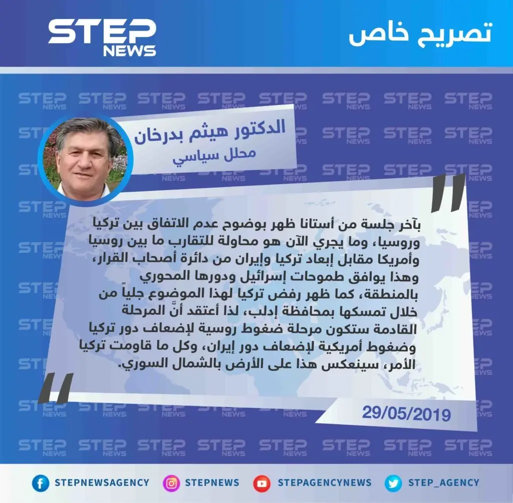 محلل سياسي: المرحلة القادمة ستكون مرحلة ضغوط روسية وأمريكية لإبعاد تركيا وإيران عن دائرة أصحاب القرار في سوريا.: أمريكا