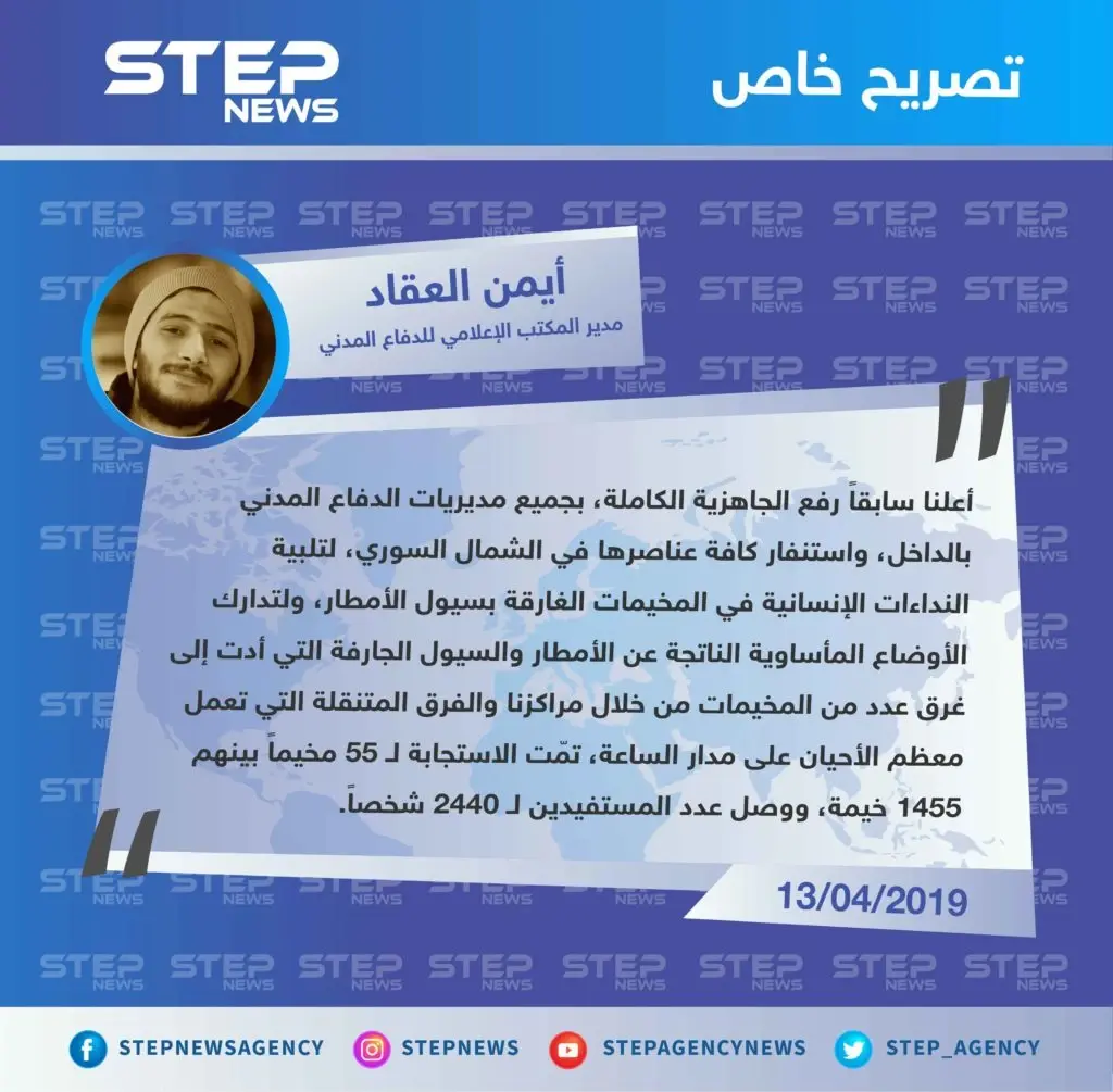 الدفاع المدني يوضّح لستيب الإجراءات المتخّذة حيال العواصف التي ضربت مخيمات الشمال السوري، والاستجابات التي حققتها مراكز الدفاع في الفترة الماضية.: تصاريح متداولة