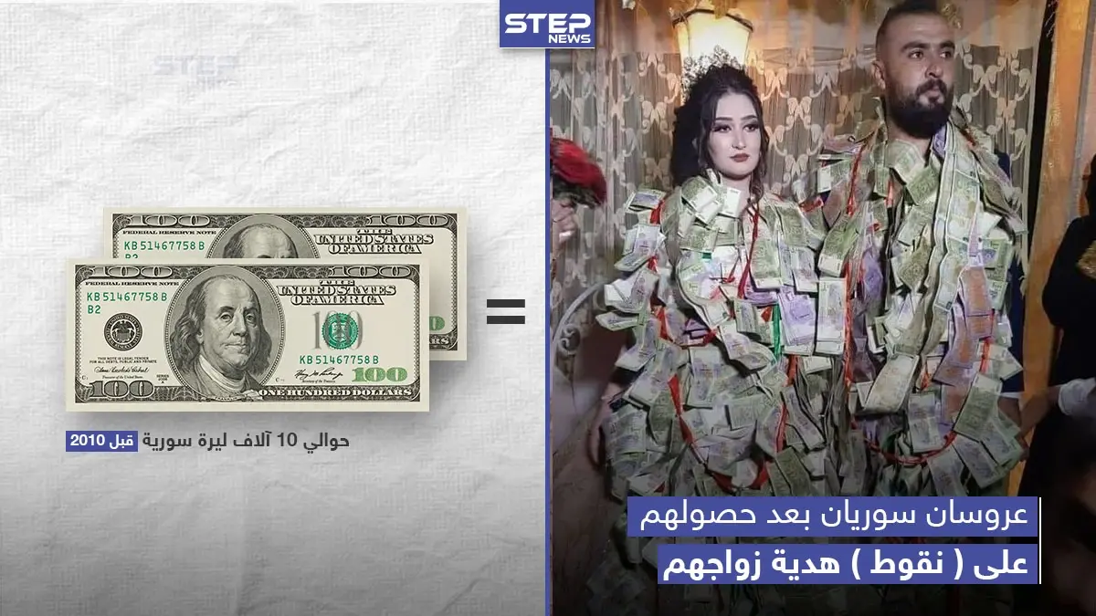 انخفاض قيمة العملة السورية متمثل بنظرة العروس في الصورة: عروسان سوريان