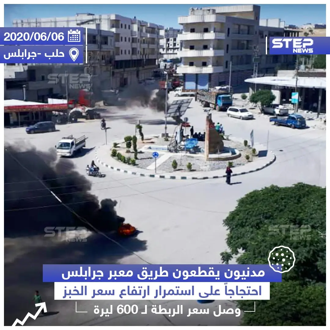 مدنيون يقطعون طريق معبر جرابلس احتجاجاً على استمرار ارتفاع سعر الخبز: جرابلس