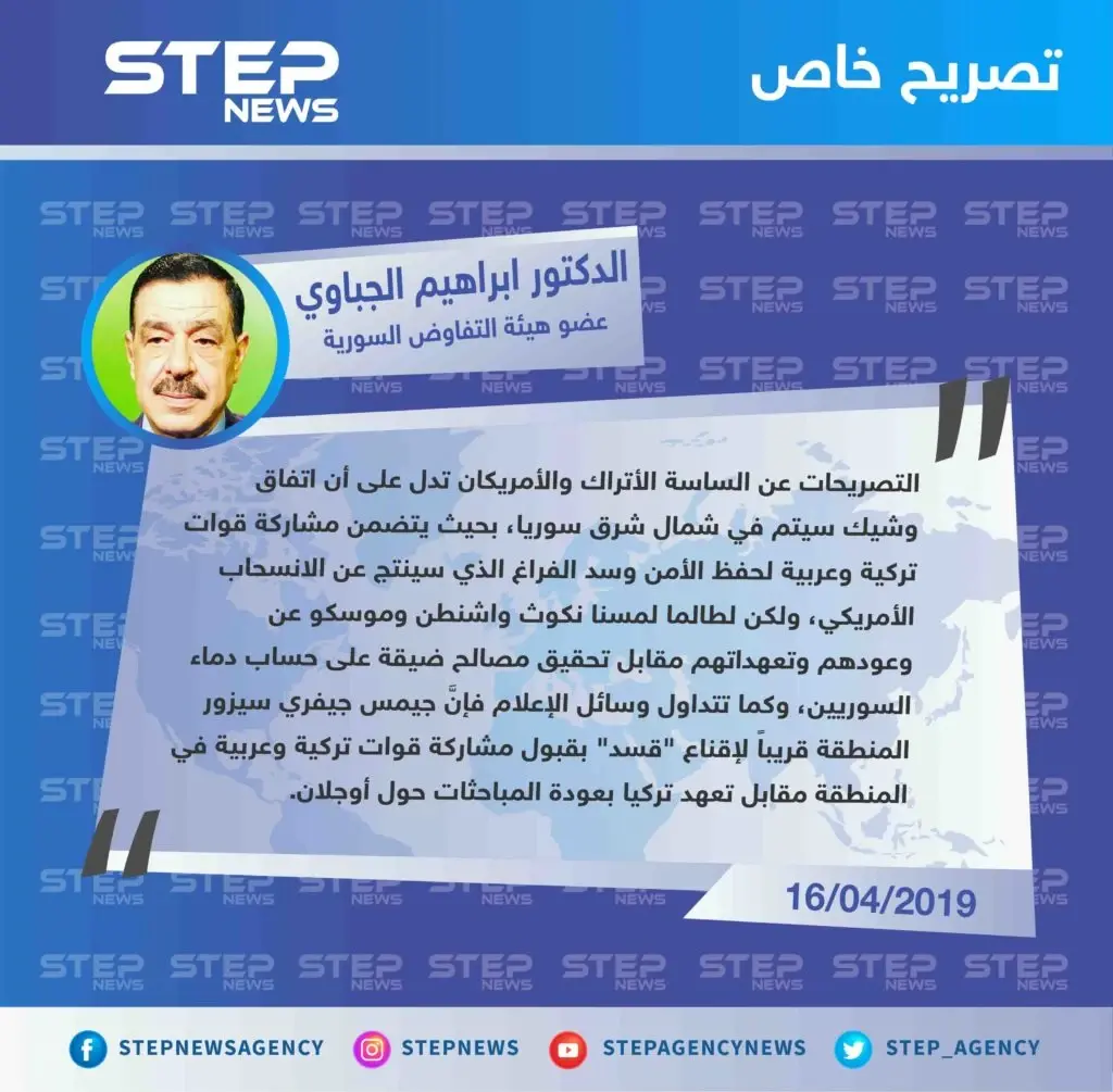 خاص|| عضو هيئة التفاوض السورية: التصريحات السياسية التركية والأمريكية تدل على اتفاق وشيك في شمال شرق سوريا: تصاريح