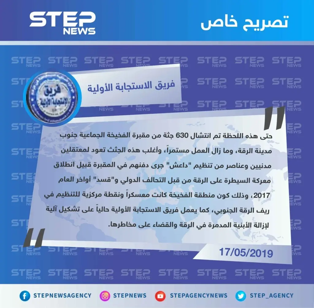 فريق الاستجابة الأولية في الرقة يكشف لـ"ستيب" عن عدد الجثث التي تم انتشالها من مقبرة الفخيخة جنوبي الرقة: تصاريح