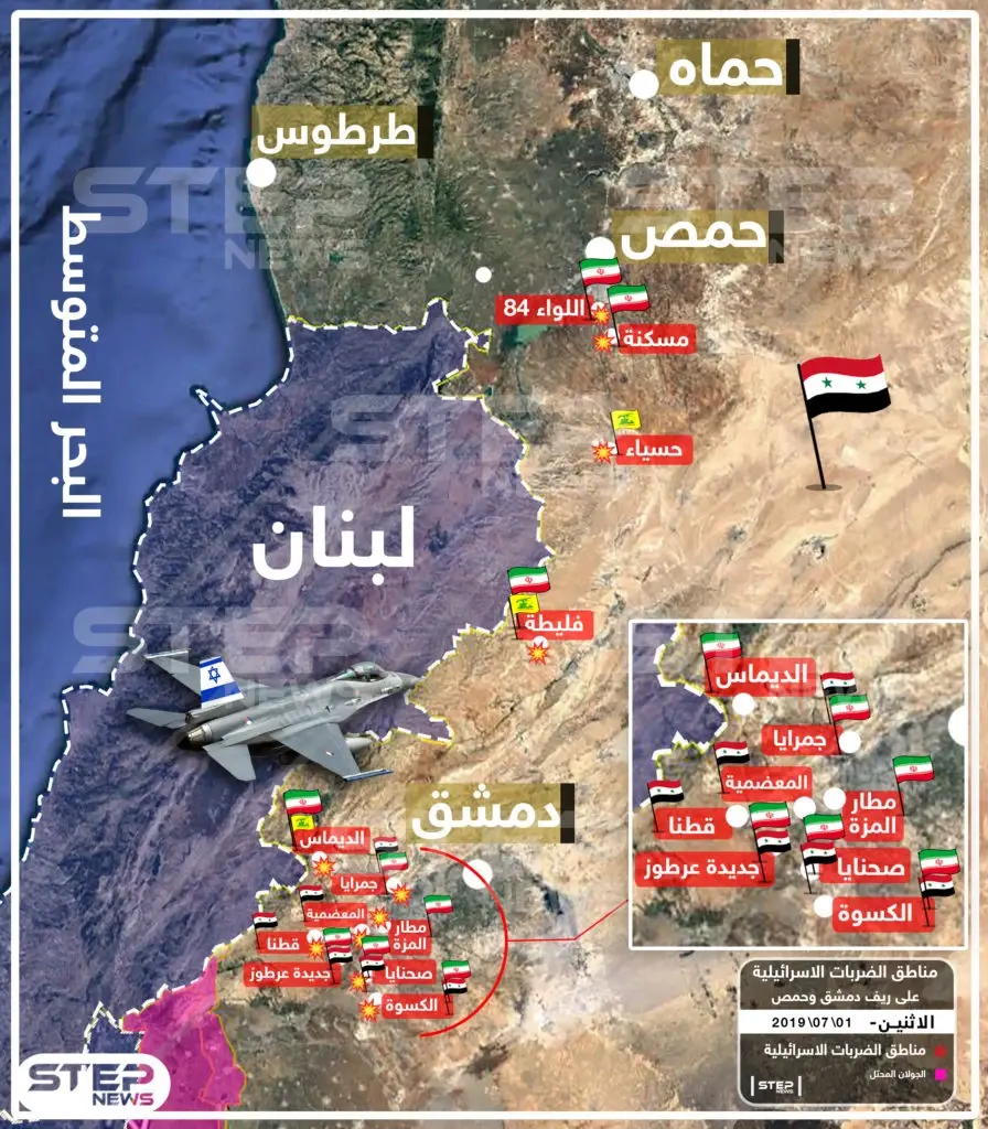 خريطة تظهر مواقع الأهداف التي استهدفها الطيران الإسرائيلي في ريف دمشق وحمص 01-07-2019: إسرائيل