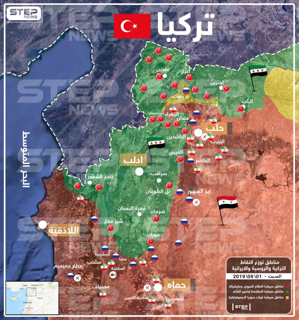 خريطة تظهر مناطق توزع النقاط التركية و الروسية و الإيرانية في إدلب و حماة: خريطة