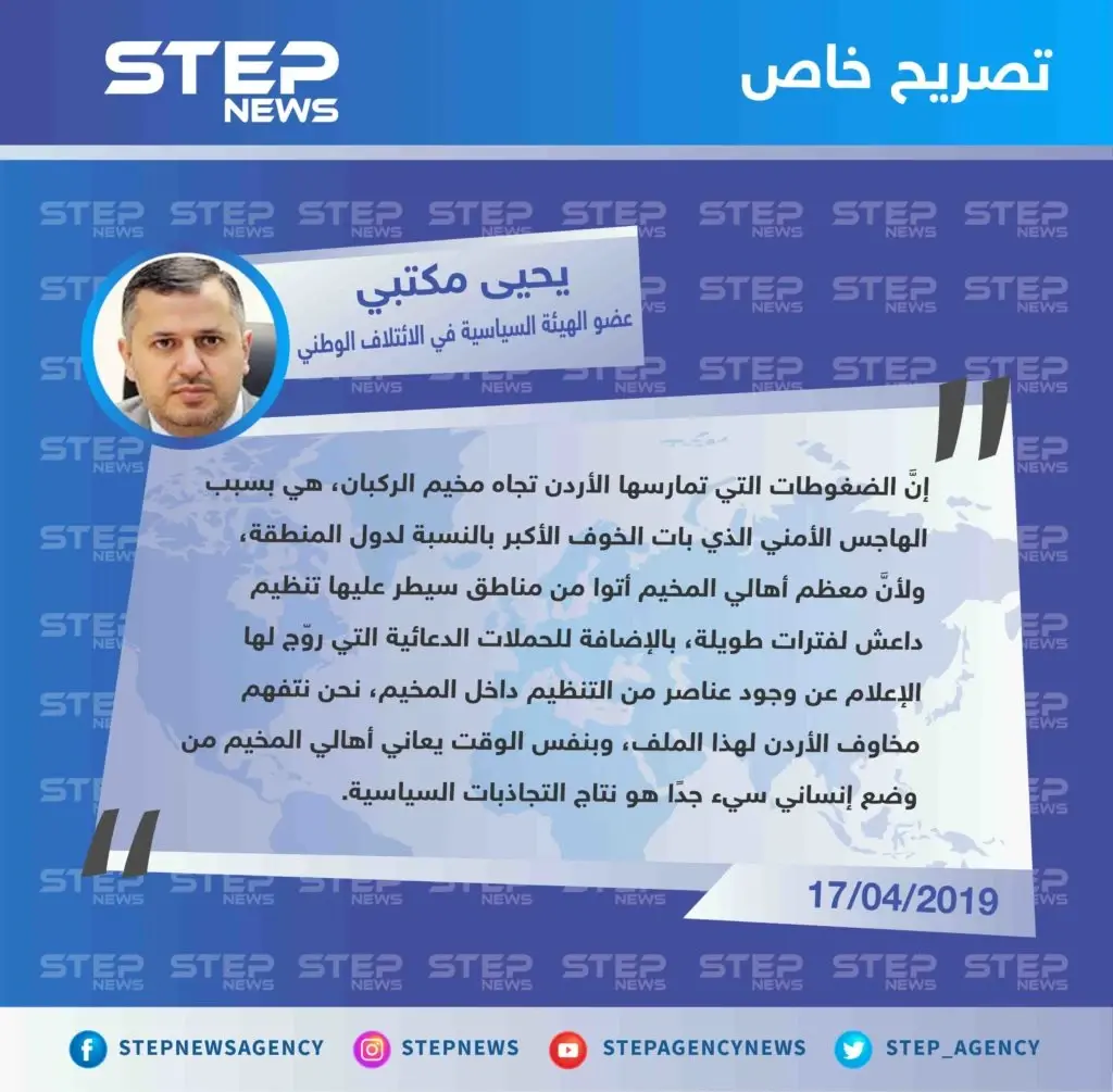 حول أسباب الضغط الأردني على مخيم الركبان، والمخاوف المستمرة من تواجد عناصر تابعة لتنظيم داعش داخل المخيم: الأردن