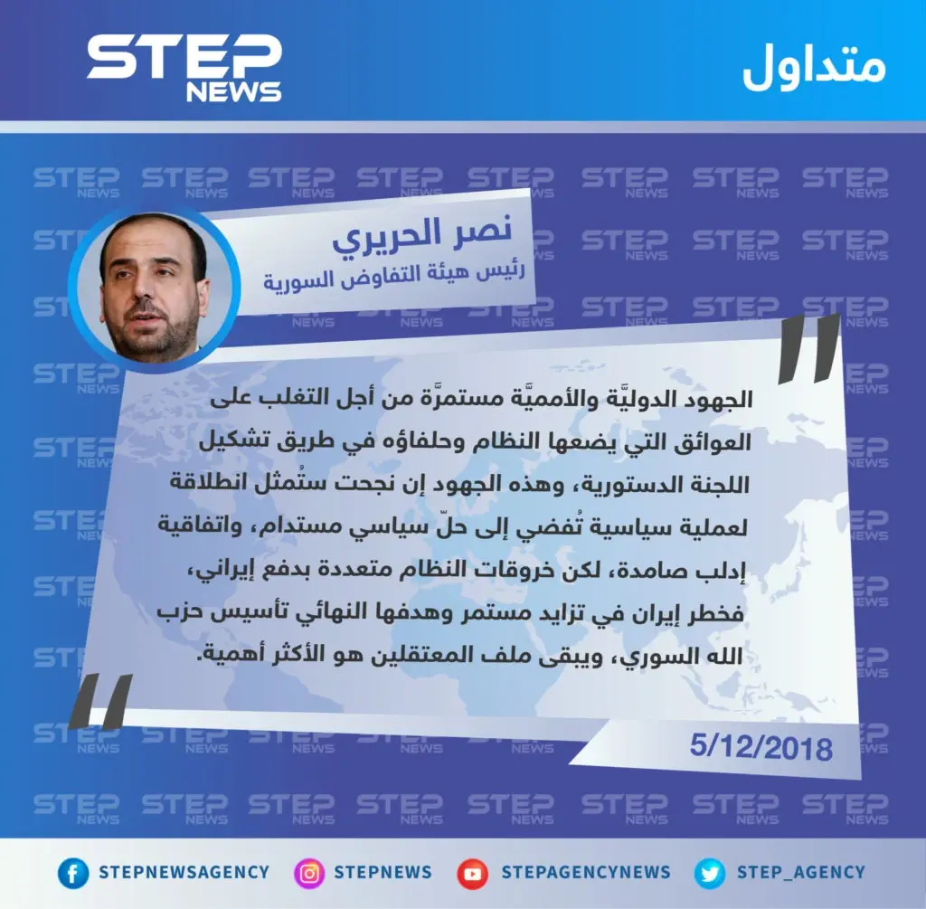 أبرز تصريحات الحريري في إحاطة هيئة التفاوض في المجموعة الدولية المصغرة حول سوريا أمس.: تصاريح