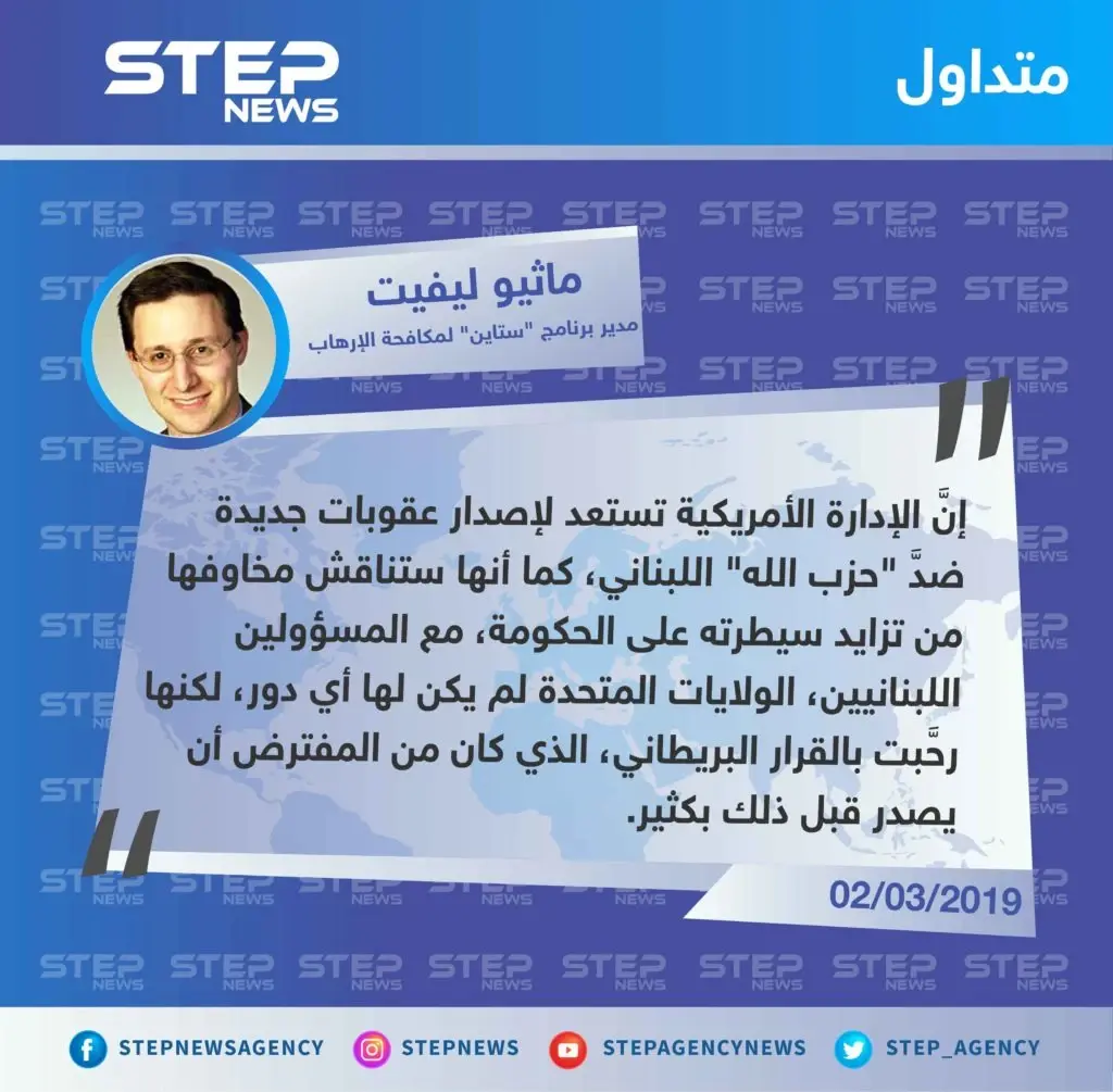 مسؤول أمريكي، الولايات المتحدة تدرس إمكانية إصدار عقوبات جديدة ضدَّ حزب الله: عقوبات جديدة ضدَّ حزب الله