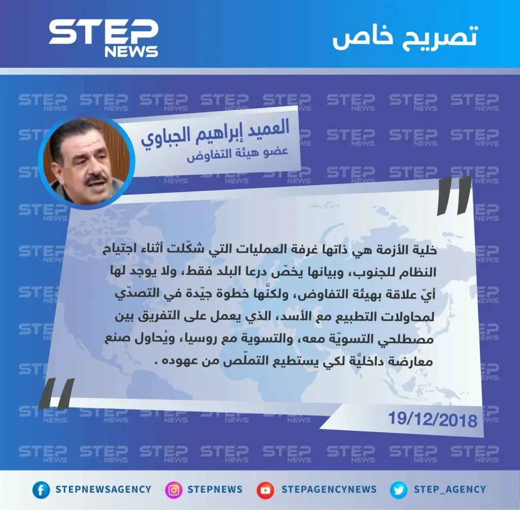 تصريح خاص || خلايا الأزمة لا علاقة لها بهيئة التفاوض، ولكنَّها خطوة جيّدة في التصدي لمحاولات التطبيع التي يصبو إليها النظام .: تصاريح