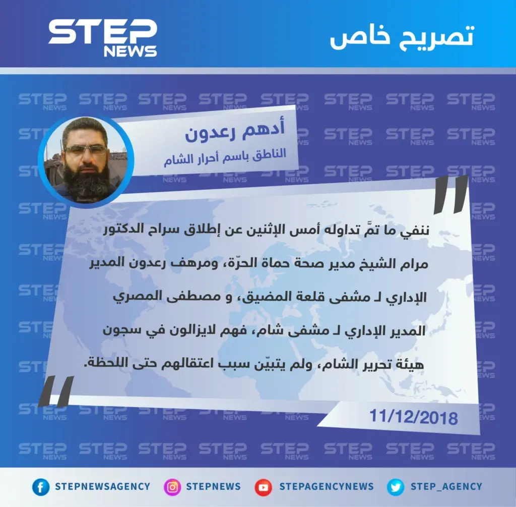 تصريح خاص من "أدهم رعدون" الناطق باسم فصيل أحرار الشام في منطقة المضيق لـ وكالة ستيب الإخبارية، حول حقيقة إطلاق سراح الطبيب "مرام الشيخ".: تصاريح