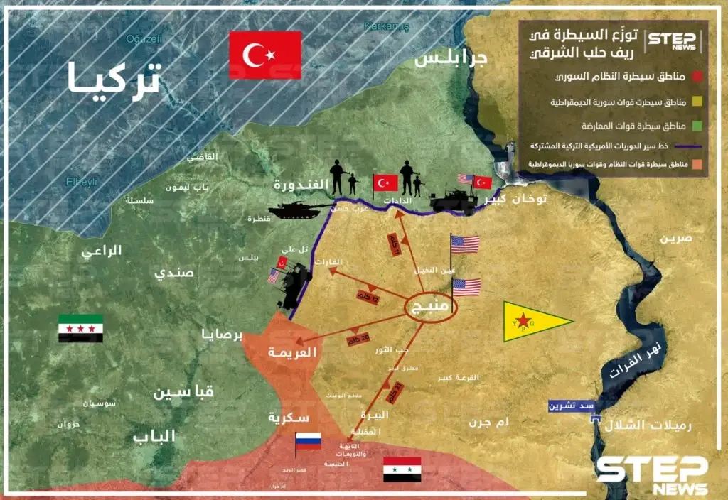 خريطة تظهر مناطق التوزّع والنفوذ لمختلف القوى المحلية والدولية في ريف حلب الشرقي: خريطة حلب