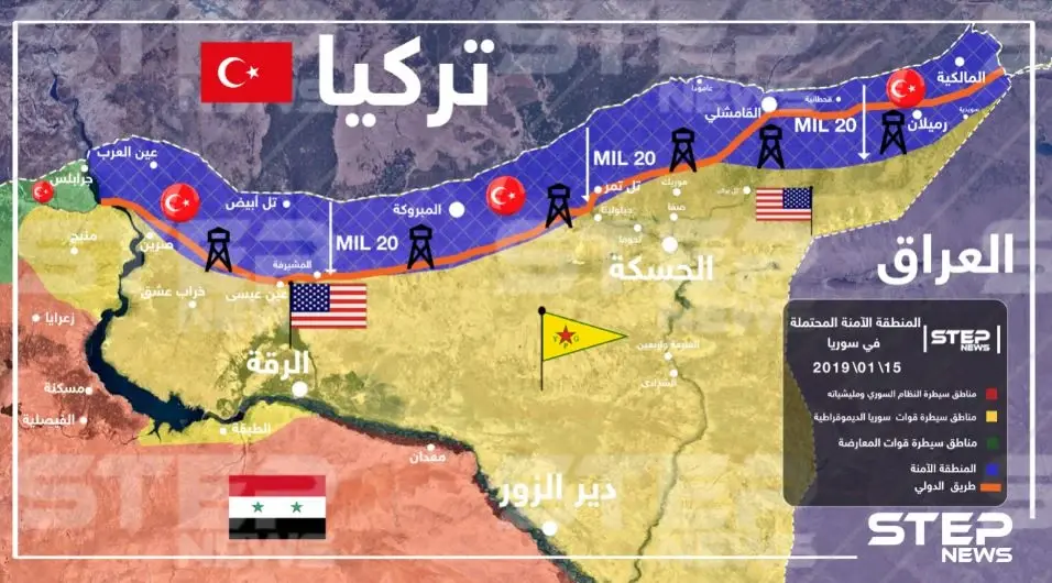 خريطة تظهر "المنطقة الآمنة" المحتمل تنفيذها على الحدود السورية التركية: خرائط سوريا