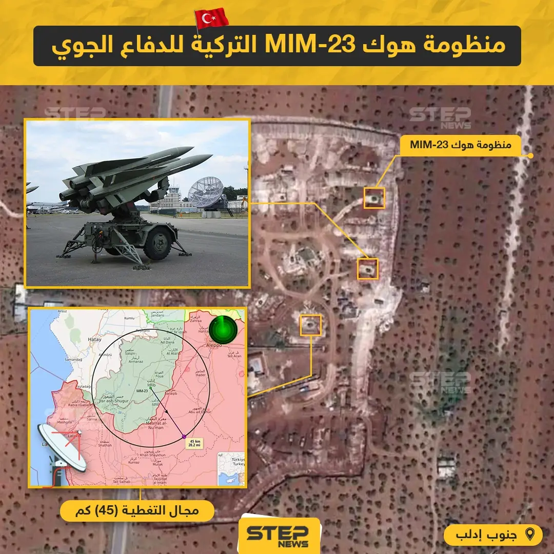 صور عبر الأقمار الصناعية ترصد منظومة هوك MIM-23 التركية للدفاع الجوي المتمركزة جنوب مدينة إدلب: منظومة دفاع جوي
